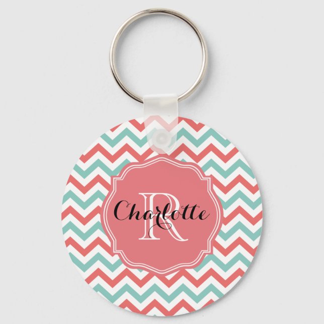 Chevron Coral and Aqua Custom Name Keychain (Front)