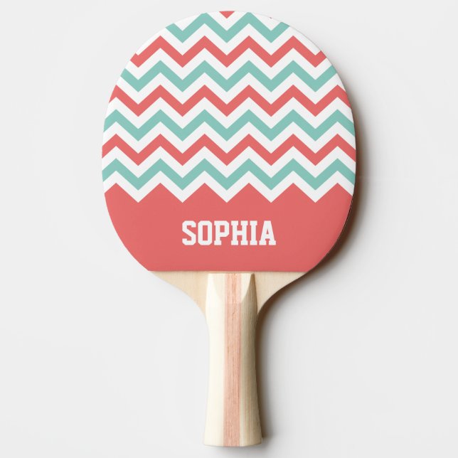 Chevron Coral and Aqua Custom Name Ping-Pong Paddle (Back)