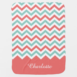 Chevron Coral and Aqua Custom Name Stroller Blanket