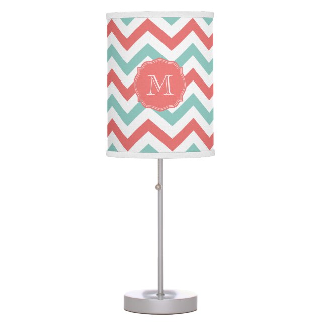 Chevron Coral and Aqua Custom Name Table Lamp (Front)