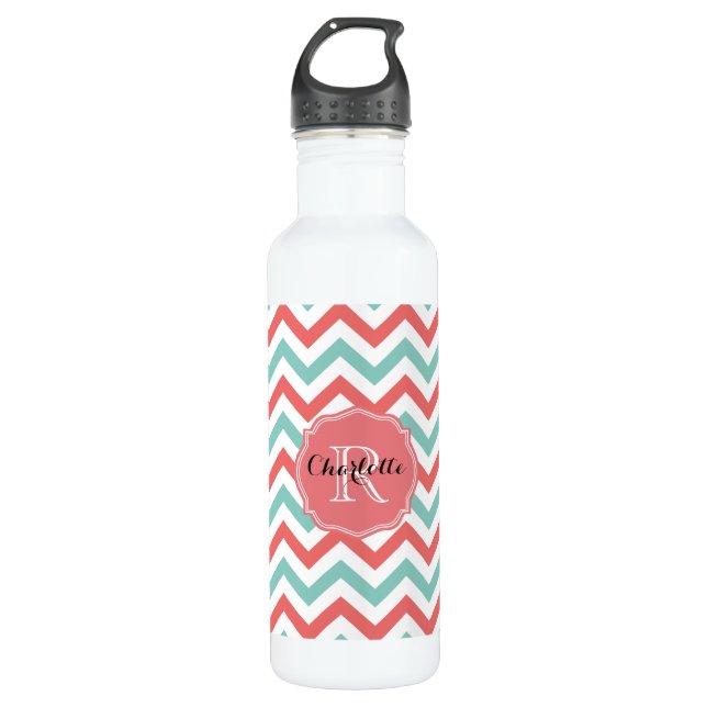 Chevron Coral and Aqua Custom Name Water Bottle (Front)