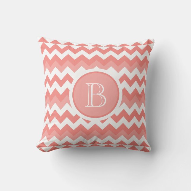 Chevron Coral White Monogram Pillow (Front)