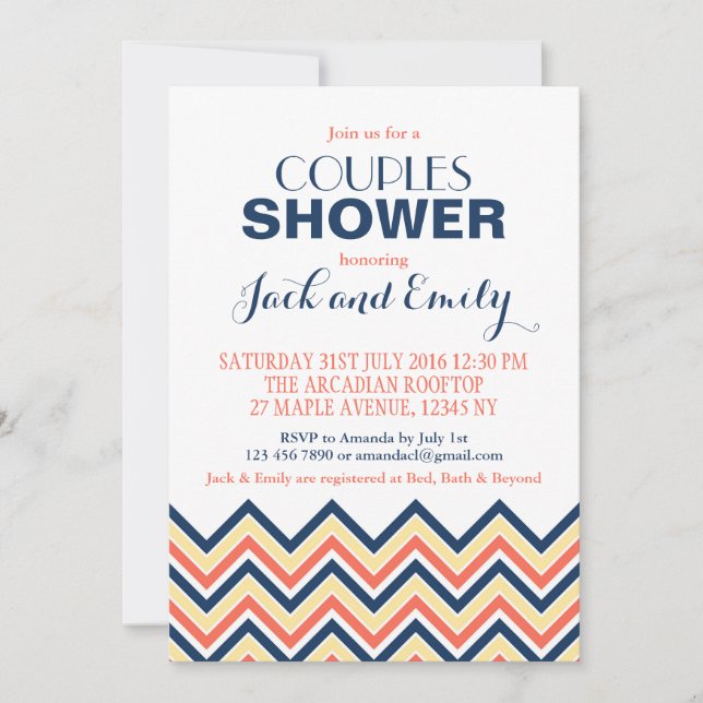 Chevron Couples Shower Invitation Coral And Blue (Front)
