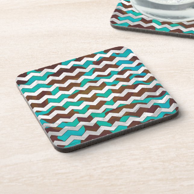 Chevron Cow Brown and Teal Print Coaster (Left Side)