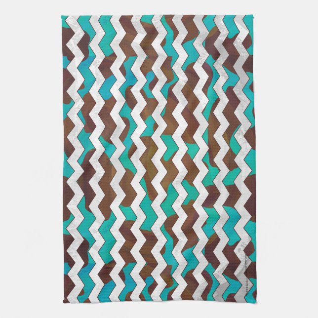 Chevron Cow Brown and Teal Print Kitchen Towel (Vertical)