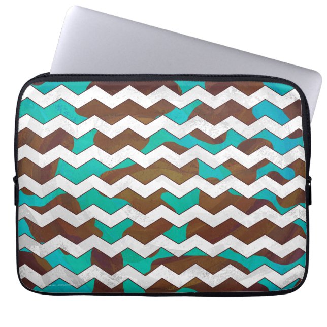 Chevron Cow Brown and Teal Print Laptop Sleeve (Front)