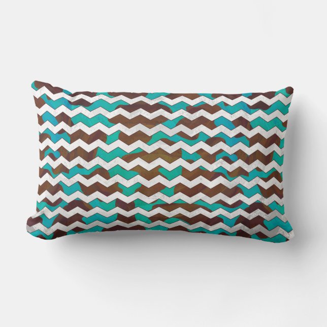 Chevron Cow Brown and Teal Print Lumbar Pillow (Front)