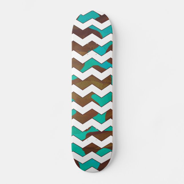 Chevron Cow Brown and Teal Print Skateboard Deck (Front)