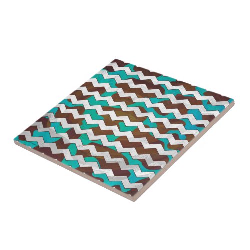 Chevron Cow Brown and Teal Print Tile