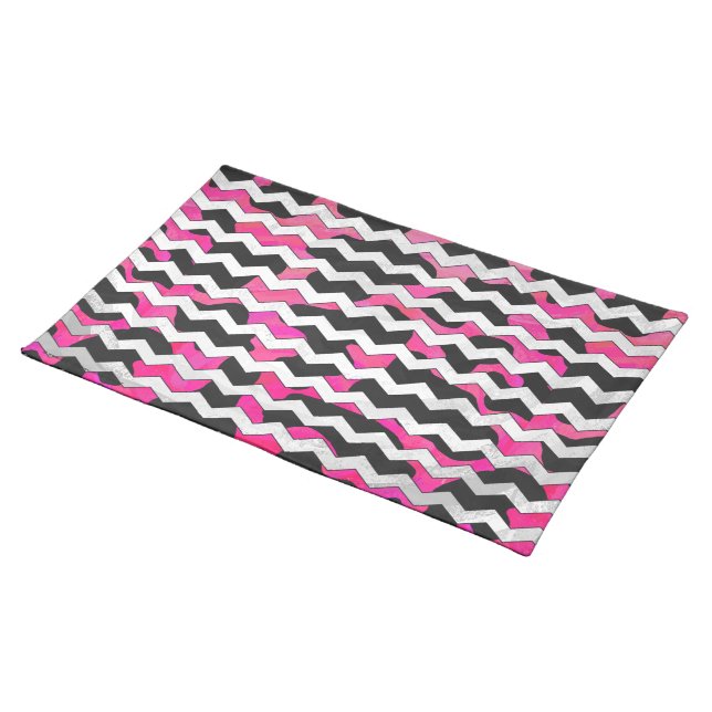 Chevron Cow Hot Pink and Black Print Cloth Placemat (On Table)