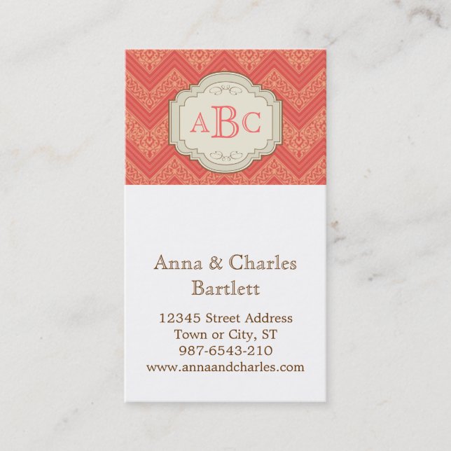 Chevron Damask (Melon) Personalized Monogram Business Card (Front)