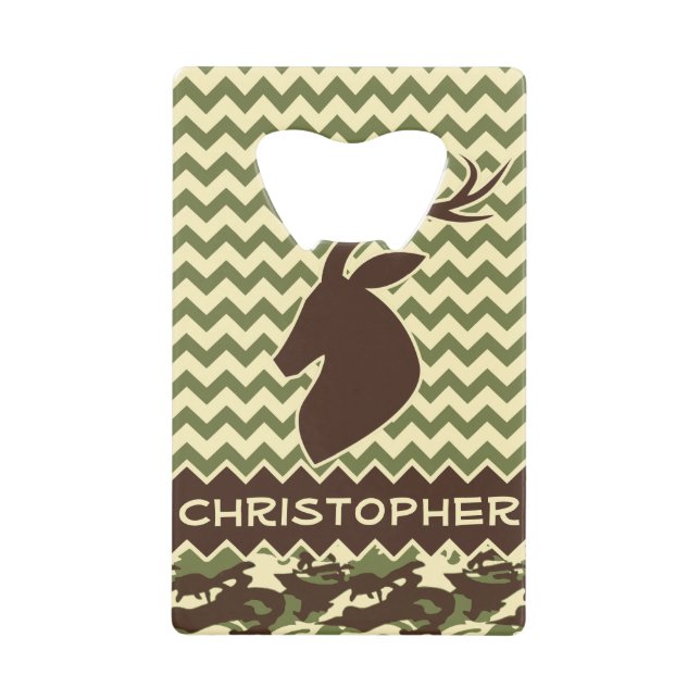 Chevron Deer Buck Camouflage Personalize Credit Card Bottle Opener (Front)