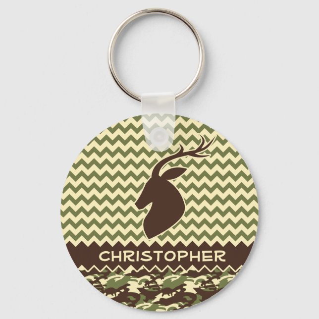 Chevron Deer Buck Camouflage Personalize Keychain (Front)