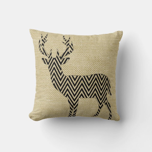Chevron Deer Silhouette on Burlap | oatmeal Throw Pillow (Front)