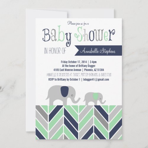 Chevron Elephant Baby Shower Invitation Navy Mint 5" X 7" Invitation Card