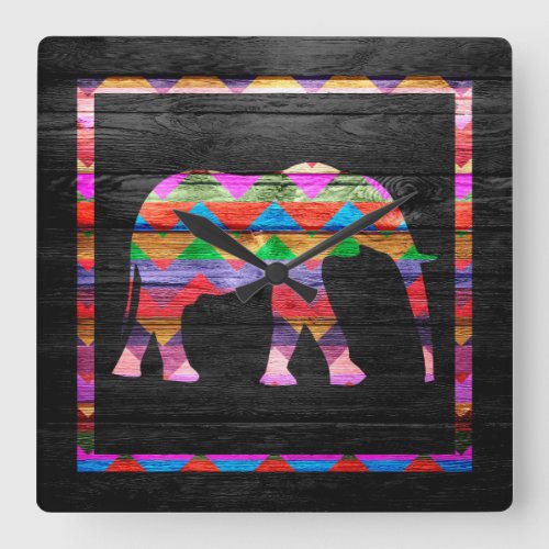 Chevron Elephant Pattern on Wood Square Wall Clock