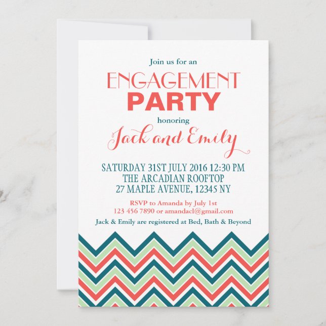 Chevron Engagement Party Invitation Coral And Teal (Front)