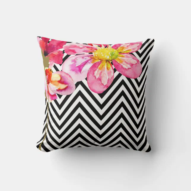 Chevron Floral Watercolor Flowers | black & white Throw Pillow | Zazzle