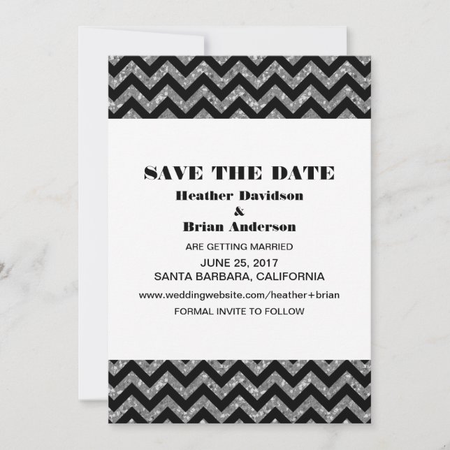 Chevron Glitter Save the Date Invite, Silver Invitation (Front)