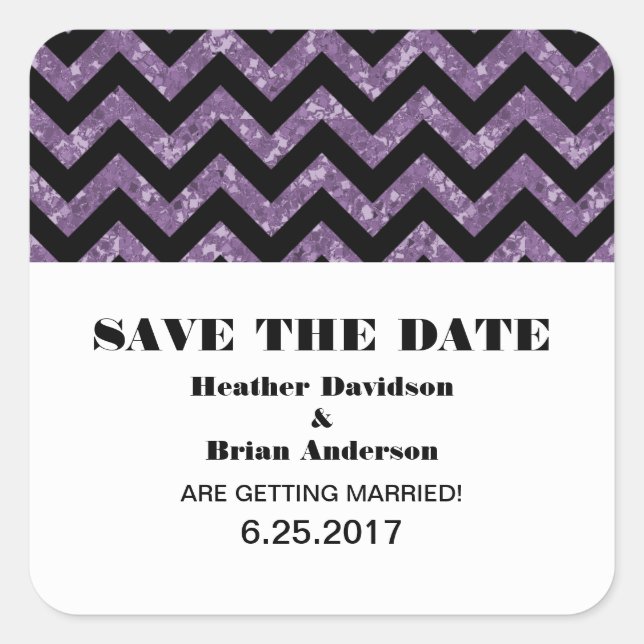 Chevron Glitter Save the Date Stickers, Purple Square Sticker (Front)