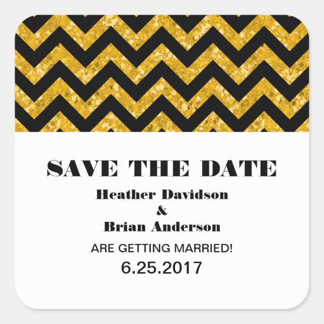 Chevron Glitter Save the Date Stickers, Yellow Square Sticker (Front)