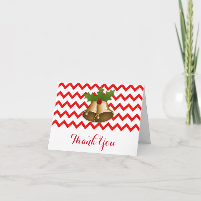 Chevron Gold Bell Christmas Thank You Card (Front)