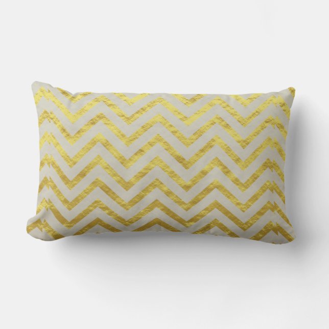 Chevron Gold Foil Grey Elegant Royal Glittery Chic Lumbar Pillow (Front)