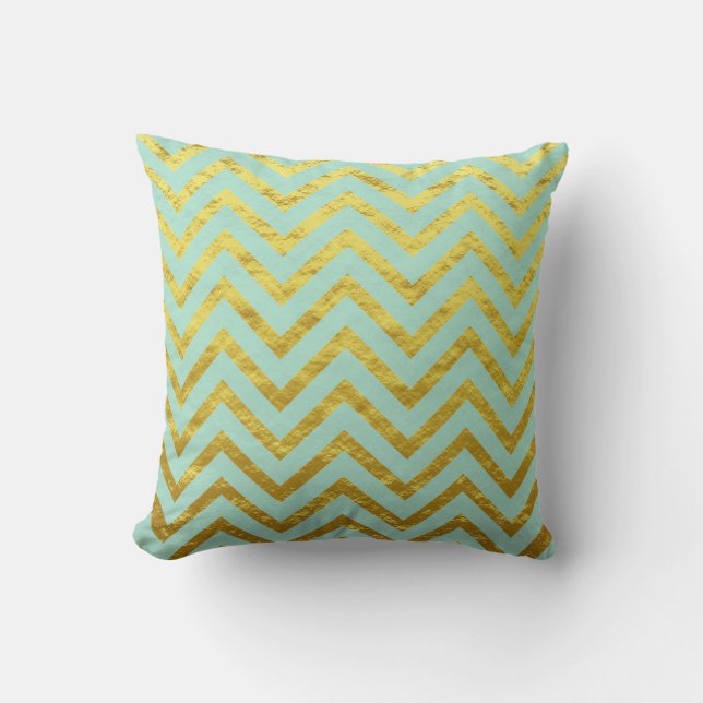 Chevron Gold Foil Teal Blue Patterns Glittery Cool Throw Pillow (Front)