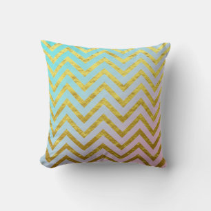 Chevron Gold Foil Teal Blue Pink Ombre Girly Chic Throw Pillow