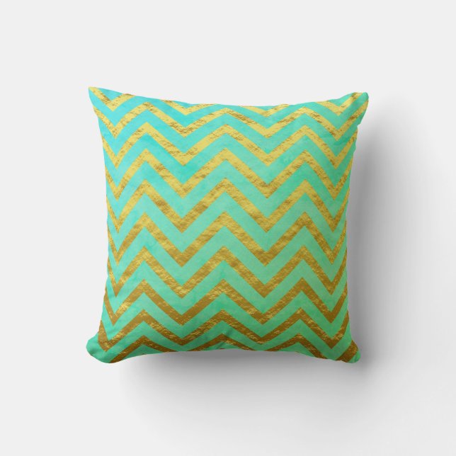Chevron Gold Foil Teal Blue Seafoam Green Ombre Throw Pillow (Front)