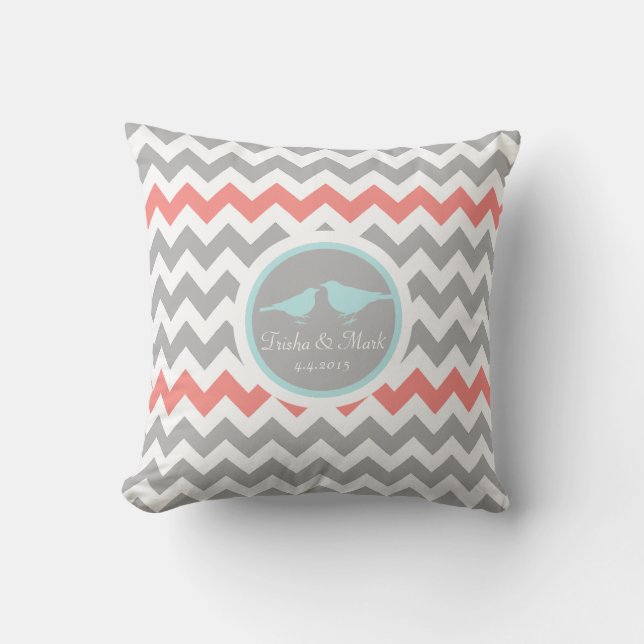 Chevron Gray Aqua White Bird Wedding Pillow (Front)