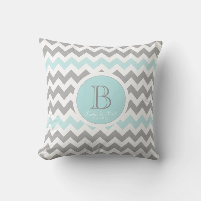 Chevron Gray Aqua White Monogram Wedding Pillow (Front)