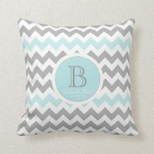 Chevron Gray Aqua White Monogram Wedding Pillow