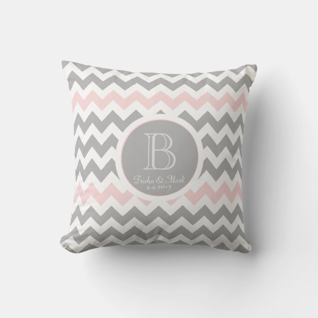 Chevron Gray Pink White Monogram Wedding Pillow (Front)