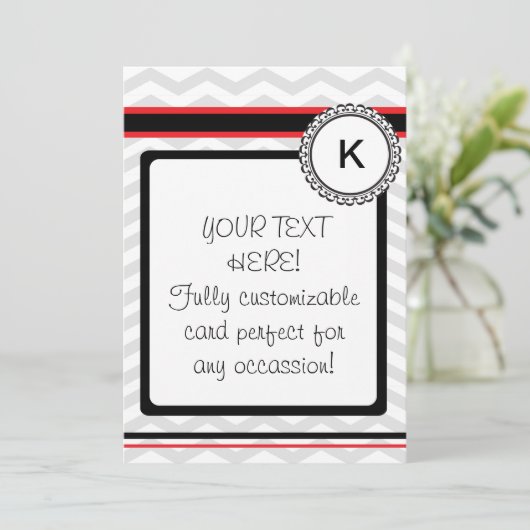 Chevron gray, red and black monogram card (Standing Front)