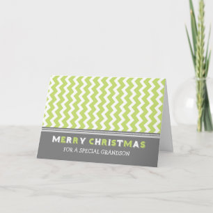 Chevron Green Gray Grandson Merry Christmas Card