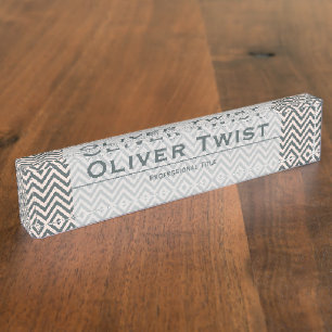 Chevron Grey Green and Cream Custom Desk Name Plate