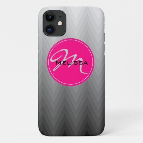 Chevron Grey ombre pattern Pink Monogram Name iPhone 11 Case