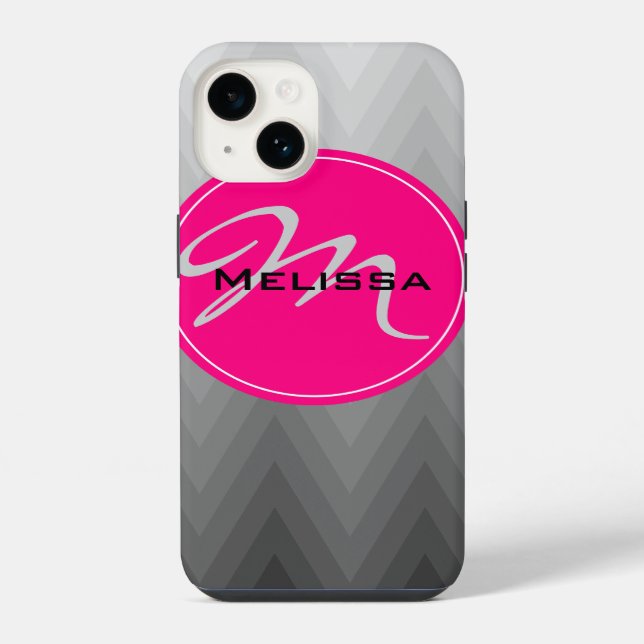 Chevron Grey ombre pattern Pink Monogram Name Iphone Case (Back)