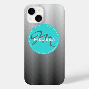 Chevron grey ombre pattern Turquoise Monogram Name Case-Mate iPhone 14 Case