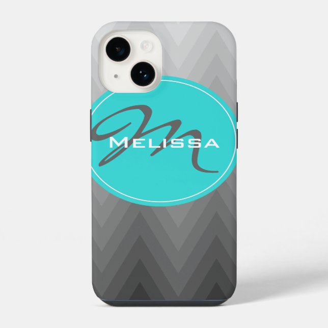 Chevron grey ombre pattern Turquoise Monogram Name Iphone Case (Back)