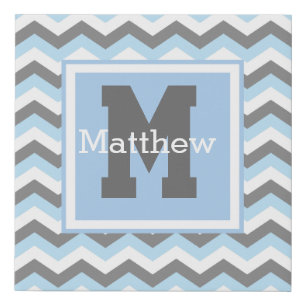 Chevron Grey White Baby Blue Boy Monogram Name  Faux Canvas Print