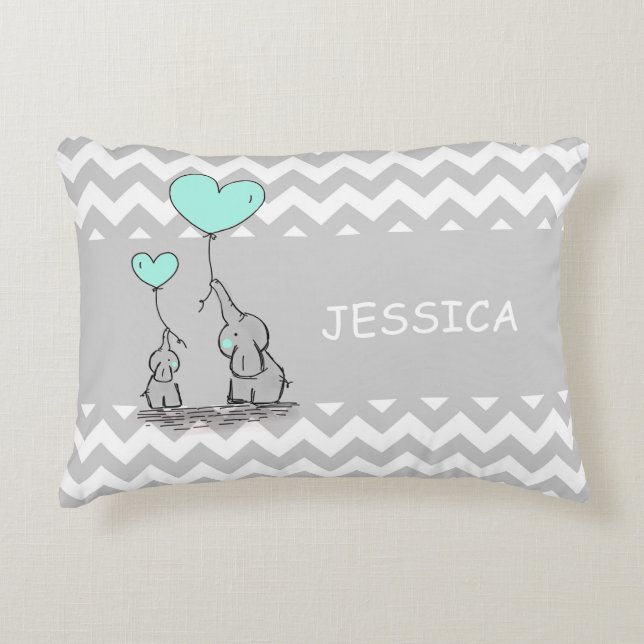 Chevron Grey White MINT Green Elephant Heart Accent Pillow (Front)