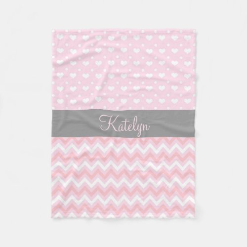 Chevron Hearts Pattern Pink Gray  Monogram Fleece Blanket