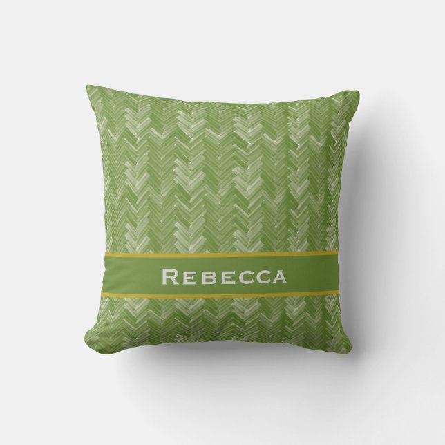 Chevron Herringbone Pattern Forest Green Monogram Throw Pillow (Front)