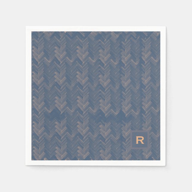 Chevron Herringbone Pattern Retro Blue Initial Napkins (Front)