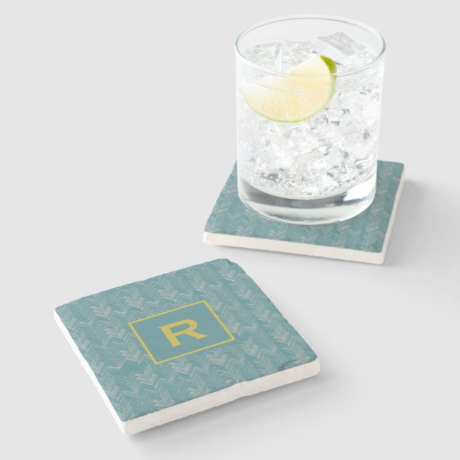 Chevron Herringbone Pattern Turquoise Initial Stone Coaster (Side)