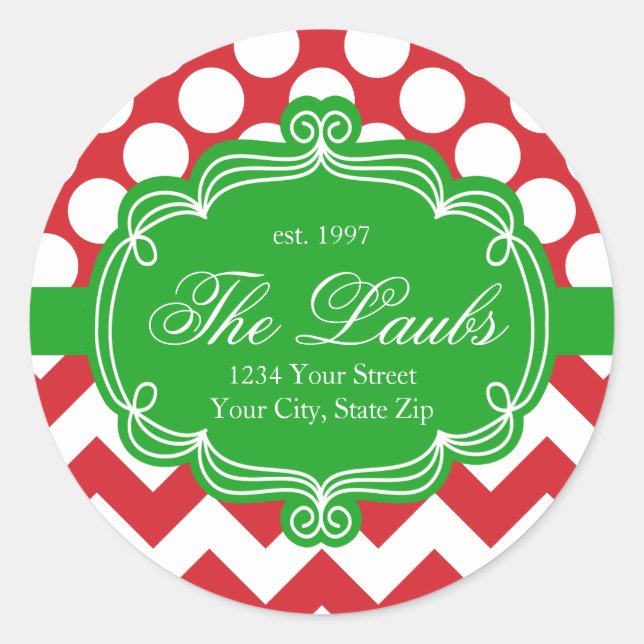 Chevron Holiday Christmas Family Name Classic Round Sticker (Front)