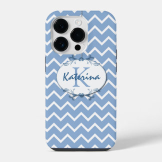 Chevron in Polo Blue and White with Floral Frame iPhone 14 Pro Case