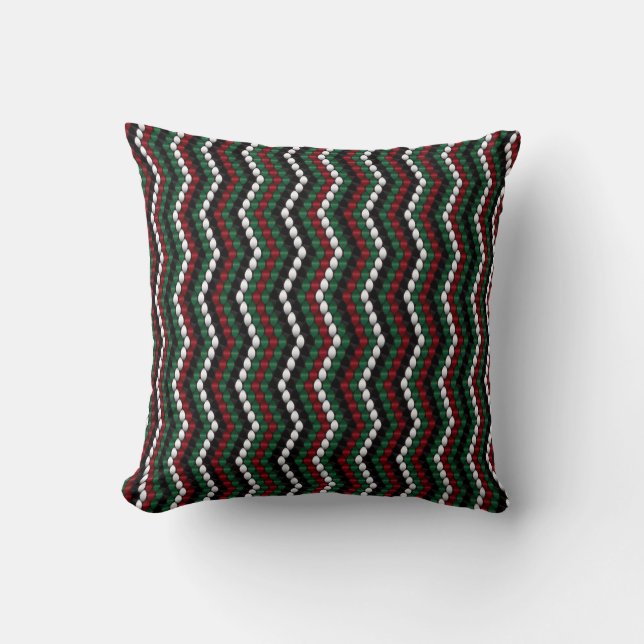 Chevron knitting pattern black green red and white throw pillow (Front)